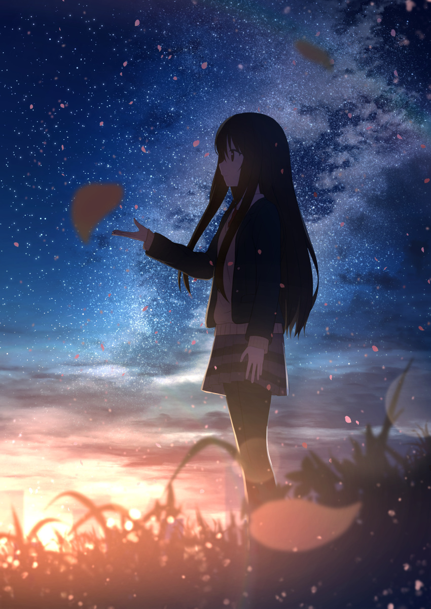 1girl absurdres bangs brown_eyes brown_hair hair_between_eyes highres jacket leggings long_hair night night_sky original pejiro plaid plaid_skirt pleated_skirt profile scenery school_uniform skirt sky sleeves_past_wrists solo star_(sky) starry_sky sunrise sweater