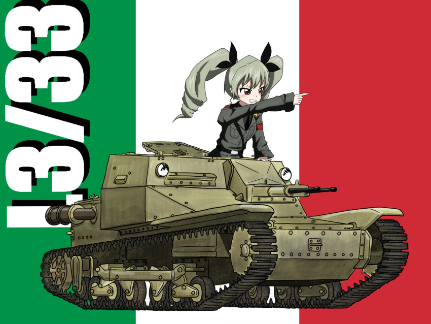1girl anchovy_(girls_und_panzer) anzio_military_uniform artist_request carro_veloce_cv-33 caterpillar_tracks girls_und_panzer green_hair ground_vehicle hair_ribbon highres italian_flag military military_vehicle motor_vehicle pointing red_eyes ribbon smile tank twintails