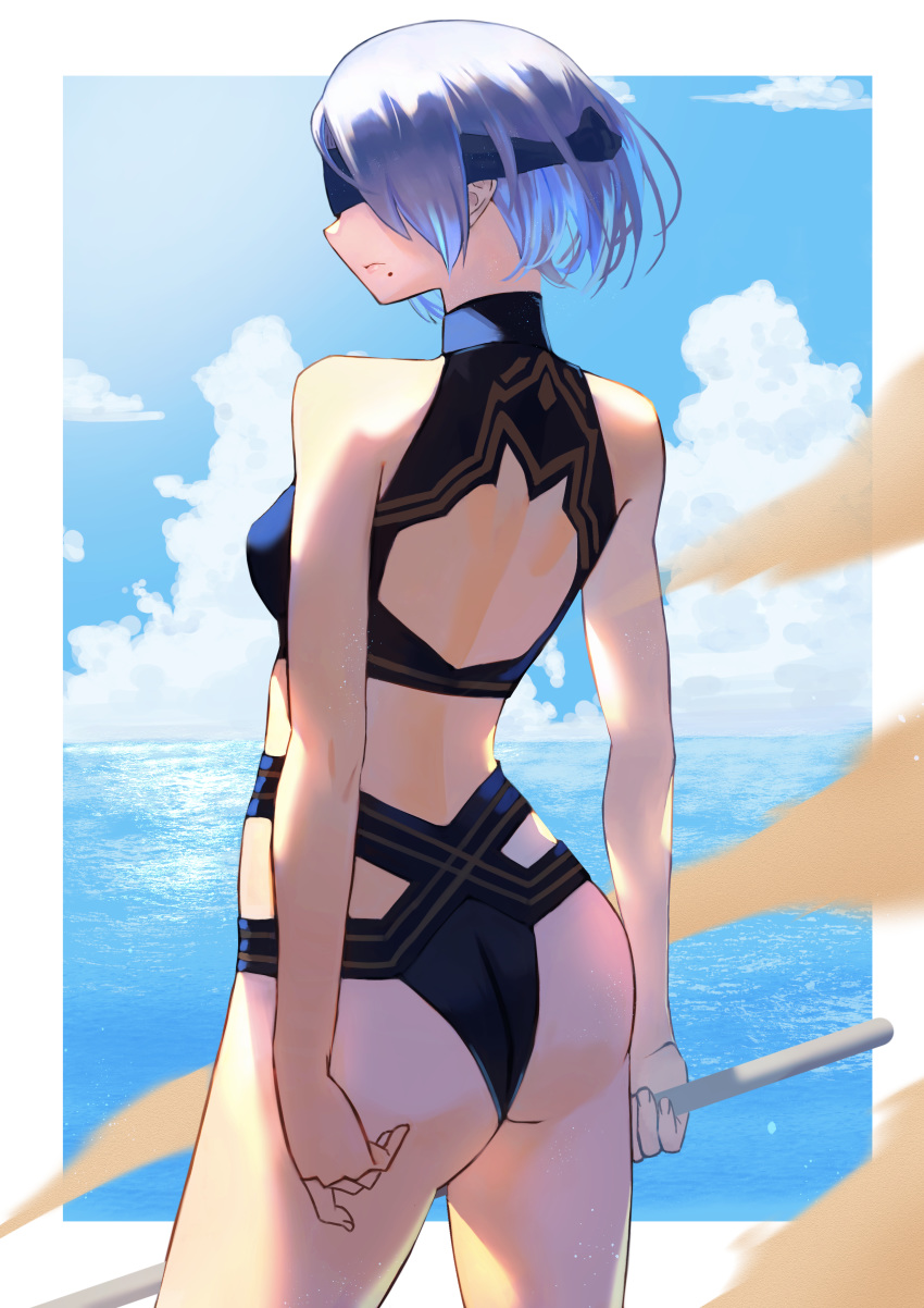 1girl absurdres adapted_costume ass back_cutout black_blindfold black_swimsuit blindfold breasts commentary_request covered_eyes day from_behind halter_top halterneck highres holding holding_weapon kurai_munio making-of_available mole mole_under_mouth nier_(series) nier_automata ocean short_hair sidelighting silver_hair small_breasts solo stick swimsuit tankini weapon yorha_no._2_type_b