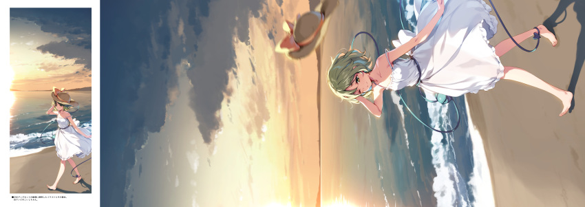 1girl absurdres barefoot beach bow clouds dress green_eyes green_hair hand_in_hair hat hat_bow hat_ribbon heart highres horizon ke-ta komeiji_koishi multiple_views no_hat no_headwear ocean one_eye_closed ribbon scan sky smile sun_hat sundress sunset third_eye touhou translation_request walking waves white_dress wind