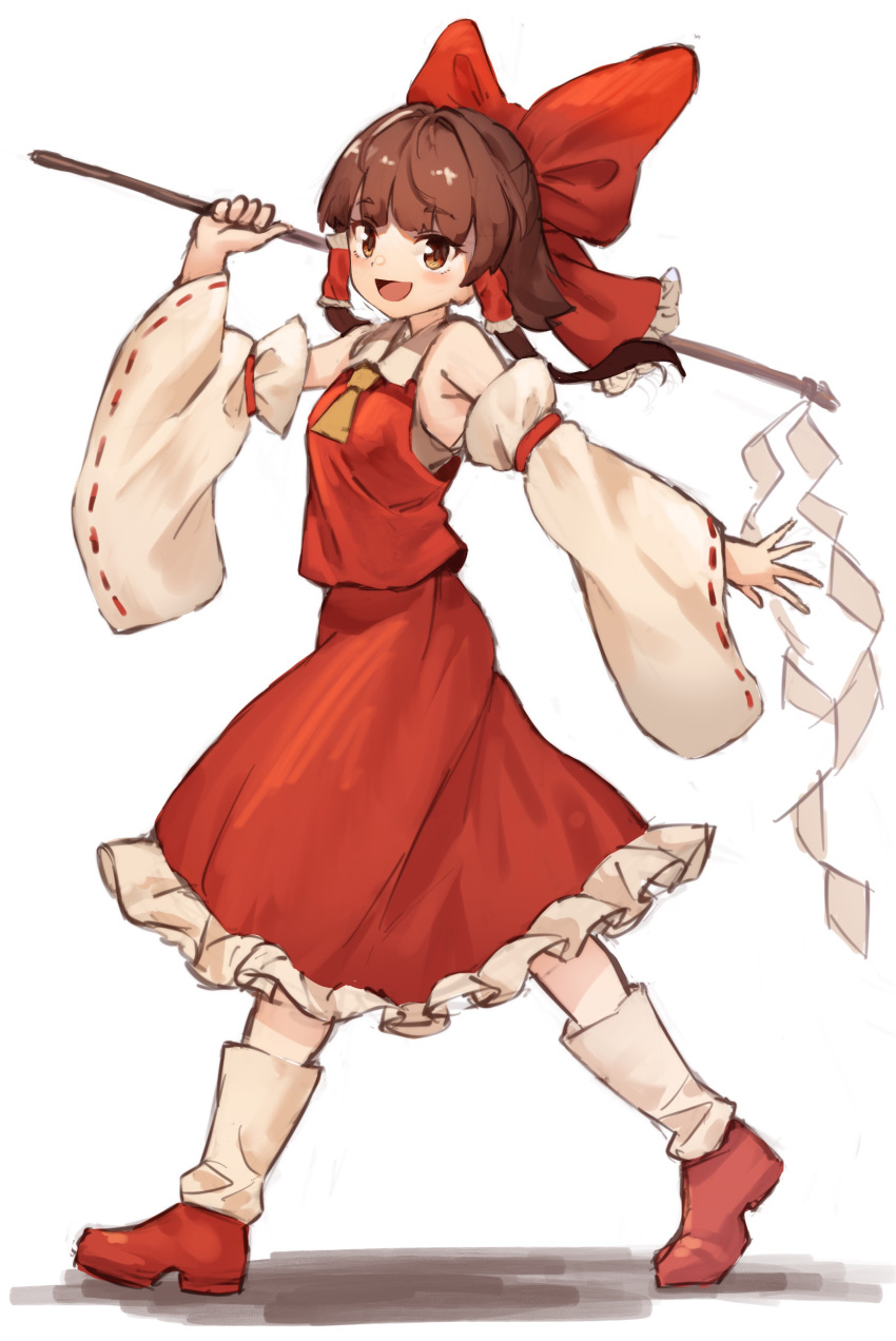1girl absurdres bow brown_eyes brown_hair commentary_request detached_sleeves frilled_skirt frills full_body gohei hair_bow hair_tubes hakurei_reimu hand_up highres holding long_hair nontraditional_miko open_mouth red_bow red_footwear red_shirt red_skirt shirt shoes simple_background skirt smile socks solo touhou walking white_background white_legwear wide_sleeves yanyan_(shinken_gomi) yellow_neckwear