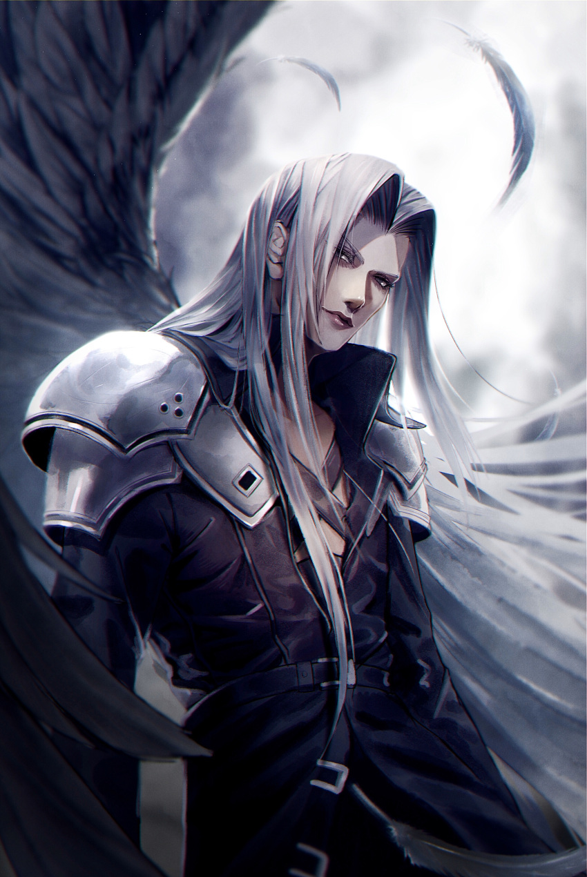 1boy absurdres angel_wings armor belt chicken_mura final_fantasy final_fantasy_vii grey_eyes highres jacket leather leather_jacket long_coat long_hair long_sleeves looking_at_viewer male_focus sephiroth shoulder_armor silver_hair smile solo very_long_hair wings