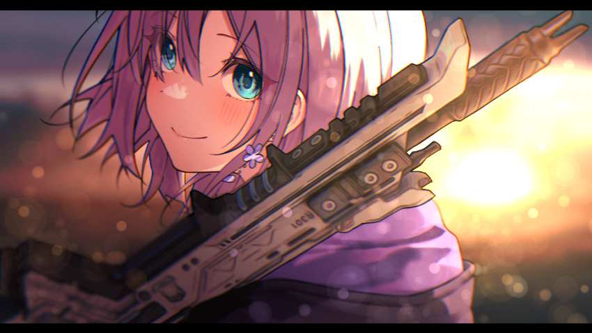 1girl amopui apex_legends blue_eyes blurry blush commentary earrings flower_earrings gun highres jewelry kaga_sumire lens_flare letterboxed looking_at_viewer lupinus_virtual_games purple_hair r-301_carbine rifle short_hair sidelocks smile solo upper_body virtual_youtuber vspo! weapon