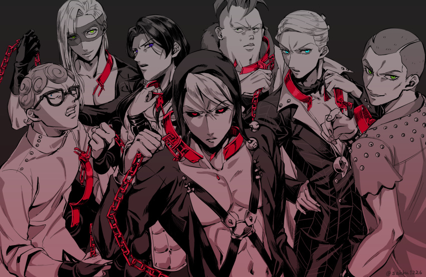 6+boys aqua_eyes black_sclera blue_eyes broken broken_chain chain curly_hair formaggio formal ghiaccio glasses green_eyes greyscale highres illuso jewelry jojo_no_kimyou_na_bouken long_hair mask melone monochrome multiple_boys necklace pants pesci prosciutto red_eyes risotto_nero shakuyouka smile striped suit vento_aureo