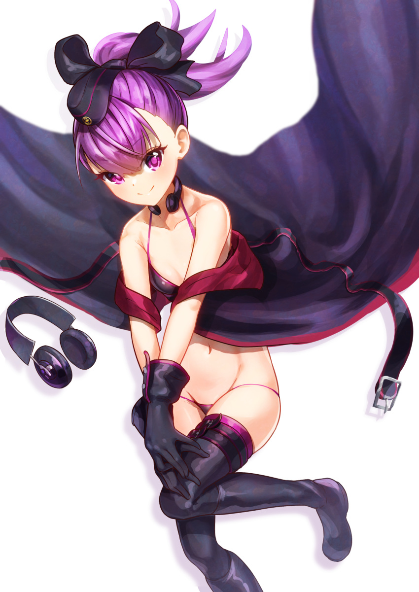 1girl bangs bare_shoulders bikini black_bikini black_bow black_footwear black_gloves black_headwear blush boots bow breasts closed_mouth coat fate/grand_order fate_(series) garrison_cap gloves hair_bow hat headphones helena_blavatsky_(fate/grand_order) helena_blavatsky_(swimsuit_archer)_(fate) highres looking_at_viewer navel off_shoulder open_clothes open_coat purple_hair short_ponytail simple_background small_breasts smile spica_(starlitworks) swimsuit thigh-highs thigh_boots throat_microphone violet_eyes