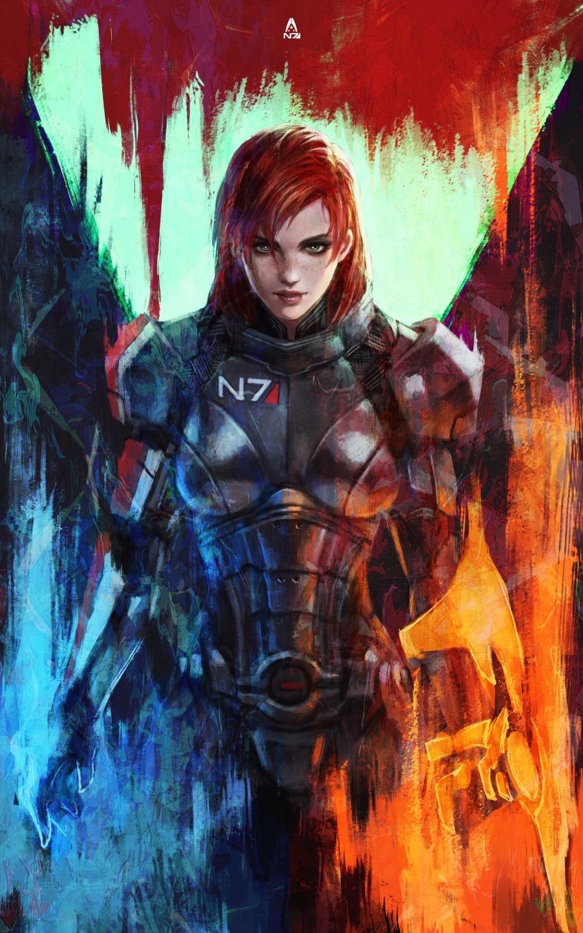 1girl absurdres arm_blade commander_shepard_(female) commentary energy_sword english_commentary eyeshadow freckles green_eyes highres lips makeup mass_effect mass_effect_3 medium_hair monori_rogue n7_armor nose omnitool panties redhead solo sword underwear weapon