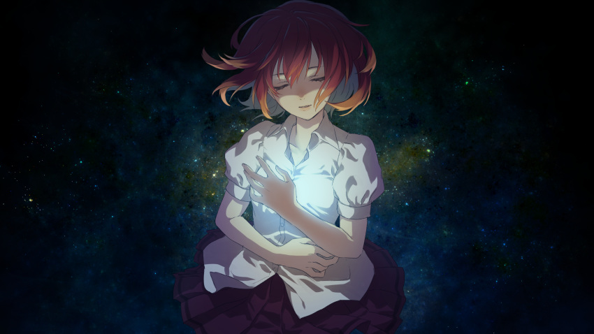 1girl closed_eyes collared_shirt commentary dress_shirt floating_hair highres matsuda_toki night parted_lips pleated_skirt puffy_short_sleeves puffy_sleeves redhead shiine_ama shirt short_hair short_sleeves skirt sky solo star_(sky) starry_sky upper_body utau white_shirt wing_collar