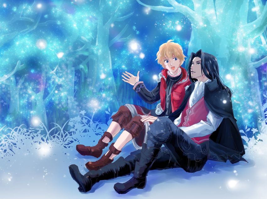 2boys :d aqua_theme black_cape black_footwear black_hair blonde_hair blue_eyes cape dunban fog forest full_body highres long_hair long_sleeves multiple_boys nature open_mouth outdoors red_vest shirt shulk sitting smile umeumeboshino vest white_shirt xenoblade_(series) xenoblade_1