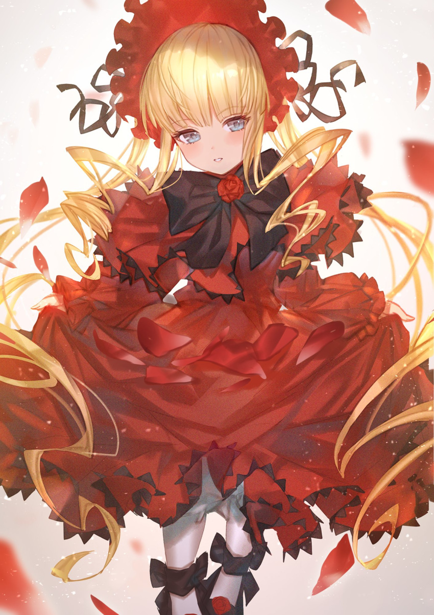 1girl bangs black_bow black_footwear black_ribbon blonde_hair blue_eyes blunt_bangs blush bonnet bow capelet commentary_request dress eyebrows_visible_through_hair flower frilled_dress frills highres long_hair long_sleeves looking_at_viewer makai_no_juumin pantyhose parted_lips petals puffy_long_sleeves puffy_sleeves red_capelet red_dress red_flower red_headwear red_rose ribbon rose rozen_maiden shinku shoes sleeves_past_wrists smile solo twintails very_long_hair white_legwear