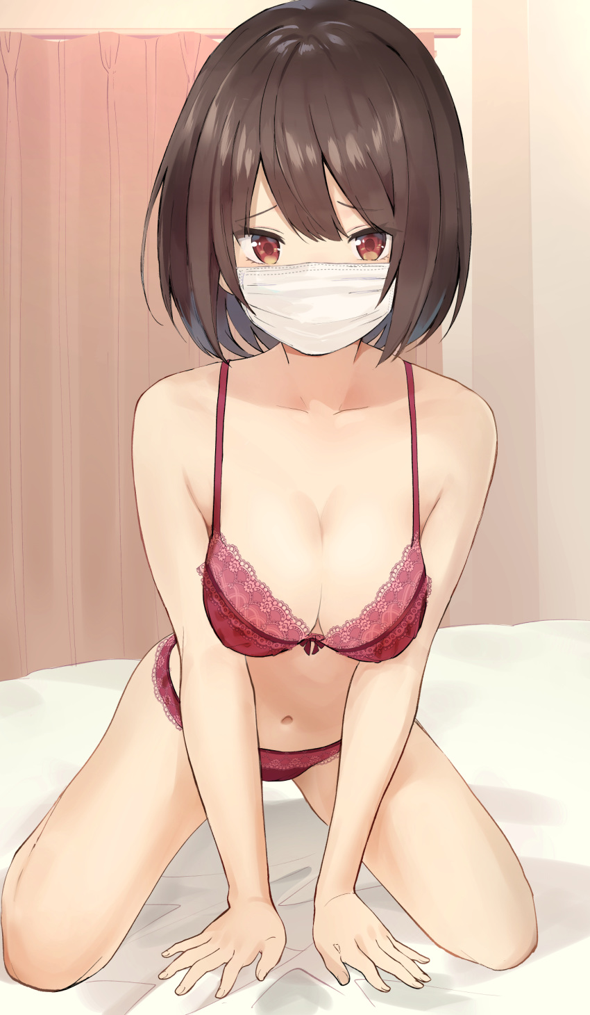 1girl bangs bed bra breast_squeeze breasts brown_hair curtains eyebrows_visible_through_hair highres indoors kneeling lace lace-trimmed_bra lace-trimmed_panties large_breasts masco mask mouth_mask on_bed original panties red_bra red_eyes red_panties short_hair sitting sitting_on_bed solo surgical_mask underwear