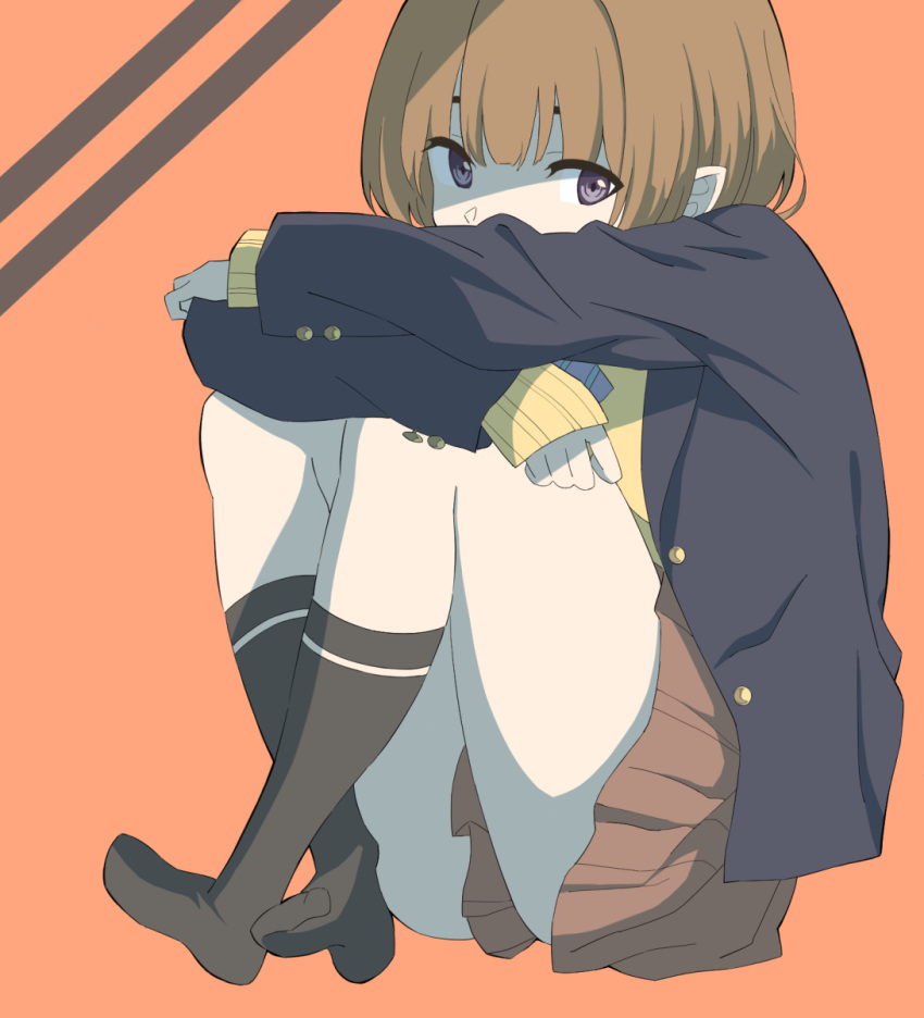 1girl bangs black_legwear blazer brown_hair full_body grey_eyes highres jacket knees_on_chest leg_hug legs_folded looking_at_viewer original school_uniform short_hair simple_background sitting sleeves_past_wrists socks solo sozoremi thighs uniform