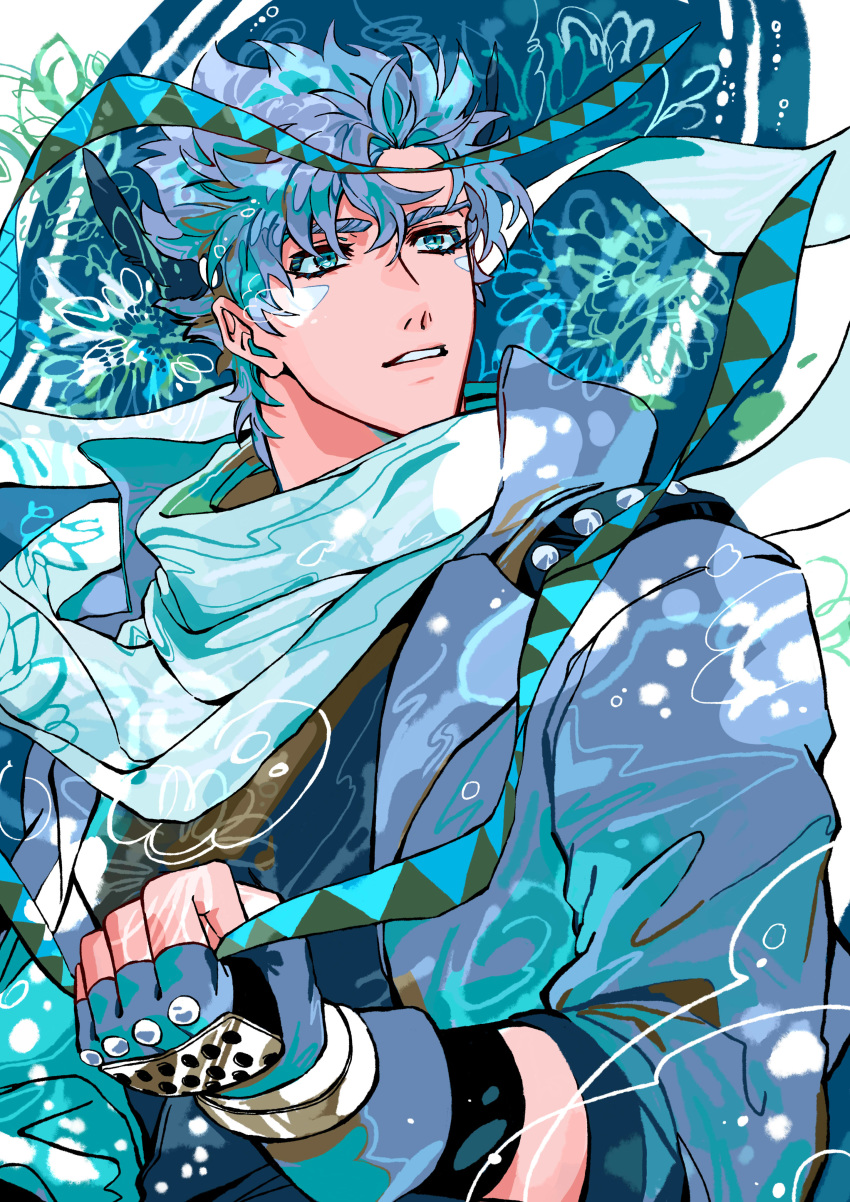 1boy absurdres alternate_hair_color battle_tendency blue_eyes blue_gloves blue_hair blue_jacket blue_scarf blue_theme caesar_anthonio_zeppeli facial_mark feather_hair_ornament feathers fingerless_gloves gloves hair_feathers headwear_removed highres holding jacket jojo_no_kimyou_na_bouken looking_to_the_side male_focus nigelungdayo parted_lips scarf solo