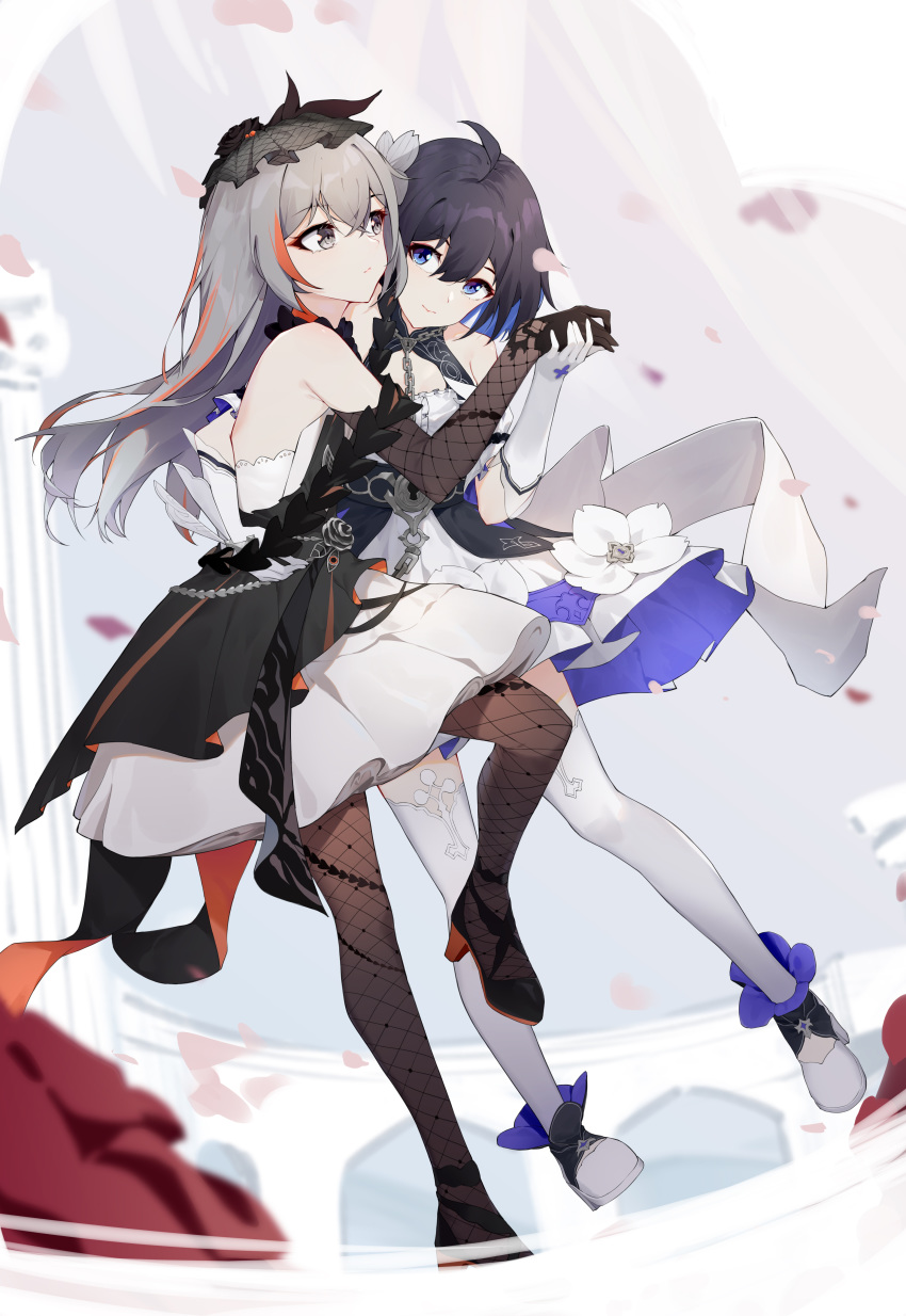 2girls absurdres arm_cuffs bare_shoulders black_hair blue_eyes blue_hair blurry blurry_foreground bronya_zaychik chain commentary_request depth_of_field dress fishnet_gloves fishnet_legwear fishnets full_body gloves grey_eyes grey_hair highres holding_hands honkai_(series) honkai_impact_3rd keyhole kuo_(kuo114514) long_hair multicolored multicolored_clothes multicolored_dress multicolored_hair multiple_girls petals seele_vollerei seele_vollerei_(stygian_nymph) smile streaked_hair thigh-highs two-tone_hair white_gloves white_legwear