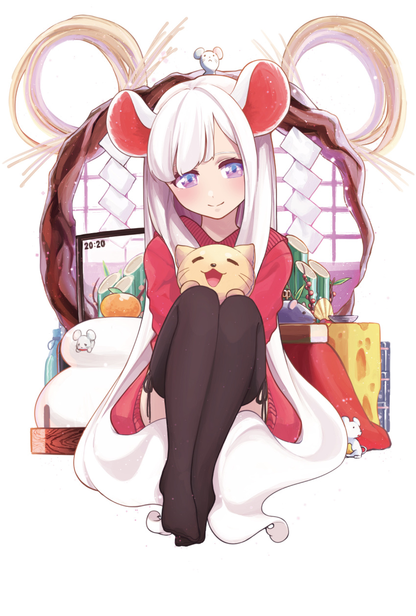 1girl animal animal_ears animal_hug animal_on_head animal_on_lap bamboo bangs black_legwear cat cat_on_lap cheese closed_mouth commentary_request food fruit happy_new_year highres holding inuyabu_cc knees_up long_hair long_sleeves looking_at_viewer mandarin_orange mouse mouse_ears new_year no_shoes on_head original pillow pink_eyes red_sweater simple_background sitting smile solo stuffed_animal stuffed_mouse stuffed_toy sweater thigh-highs very_long_hair white_background white_hair