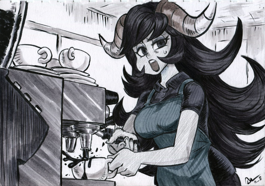 1girl alex_ahad annoyed apron black_hair borrowed_character coffee commission english_commentary horns looking_at_viewer monochrome open_mouth original pouring solo