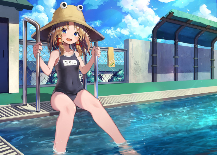 1girl black_swimsuit blonde_hair blue_sky chain-link_fence clouds commentary_request competition_school_swimsuit covered_navel day fence flat_chest full_body grey_eyes hat highres looking_at_viewer mamemochi medium_hair moriya_suwako name_tag outdoors pool pool_ladder poolside school_swimsuit short_hair sitting sky soaking_feet solo swimsuit touhou wall water