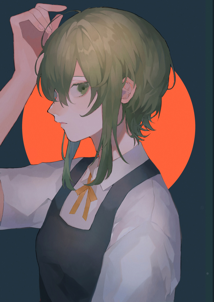 1girl absurdres bangs blue_background blush bow closed_mouth from_side green_eyes green_hair gumi hair_between_eyes highres looking_at_viewer megameronpan orange_background overalls profile shirt short_hair simple_background solo standing two-tone_background vocaloid white_shirt