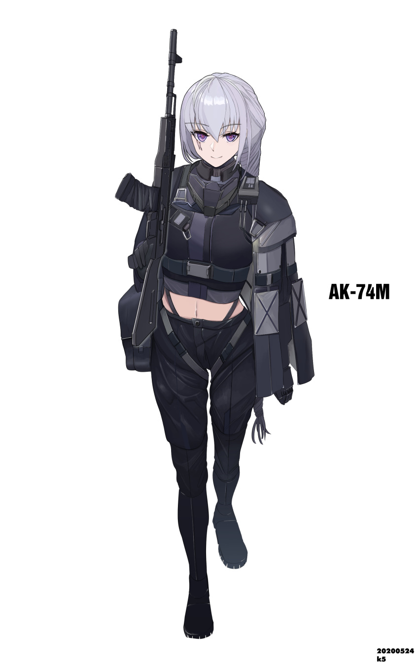 1girl absurdres ak-74m ak-74m_(girls_frontline)_(rabochicken) black_footwear black_gloves black_pants bodysuit boots character_name character_request eyebrows_visible_through_hair girls_frontline gloves gun hair_between_eyes hand_on_weapon highres holding holding_weapon jacket kanoe_(kanoe502) long_hair looking_at_viewer navel pants rifle scar scar_across_eye silver_hair smile solo violet_eyes weapon white_background
