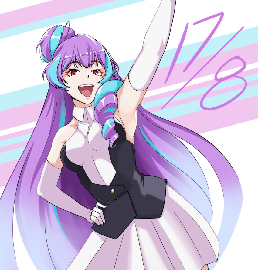 1girl blue_hair breasts drill_hair elbow_gloves english_commentary gloves hair_bun hand_on_hip hand_up happy_birthday highres looking_down lord_jaywalk macross macross_delta medium_breasts mikumo_guynemer multicolored_hair open_mouth purple_hair red_eyes skirt smile solo white_gloves white_skirt