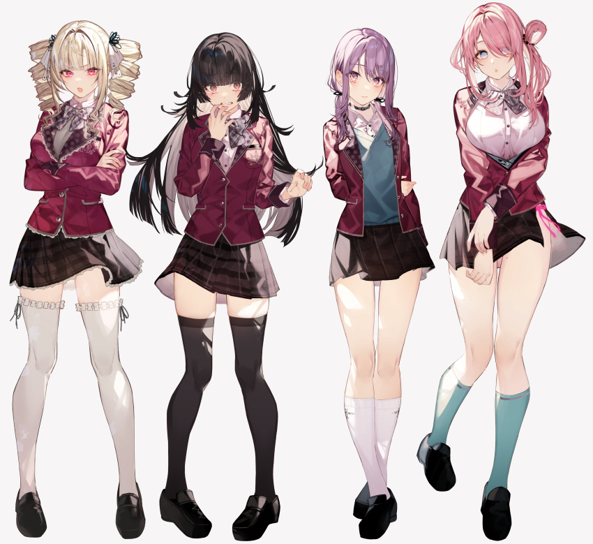 4girls absurdres bangs black_hair blonde_hair blunt_bangs blunt_ends bow bowtie breasts choker commentary_request crossed_arms drill_hair eyebrows_visible_through_hair full_body highres kayahara kneehighs large_breasts long_hair long_sleeves looking_at_viewer miniskirt multiple_girls open_mouth original pink_hair purple_hair red_eyes school_uniform shoes simple_background skirt standing teeth thigh-highs tongue twin_drills white_background