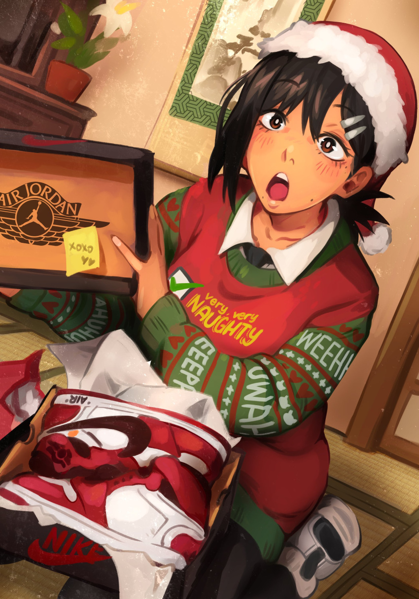 1girl absurdres air_jordan black_hair chainsaw_man christmas christmas_sweater clothes_writing english_commentary english_text eyebrows_visible_through_hair flower gift hair_ornament hairclip hanging_scroll hat higashiyama_kobeni highres indoors khyle. looking_at_viewer medium_hair mole mole_on_cheek mole_under_eye mole_under_mouth multiple_moles nike open_mouth plant potted_plant santa_hat scroll shoes sneakers solo sweater tatami