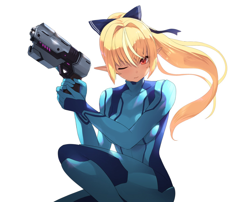 1girl bangs blonde_hair blue_bodysuit blue_ribbon bodysuit cait commentary cosplay covered_collarbone crossover dark_skin elf feet_out_of_frame gun hair_ribbon high_ponytail highres holding holding_gun holding_weapon hololive impossible_bodysuit impossible_clothes kneeling long_hair looking_at_viewer metroid orange_eyes paralyzer pointy_ears ribbon samus_aran samus_aran_(cosplay) shiranui_flare simple_background skin_tight solo sweat v-shaped_eyebrows virtual_youtuber weapon white_background zero_suit