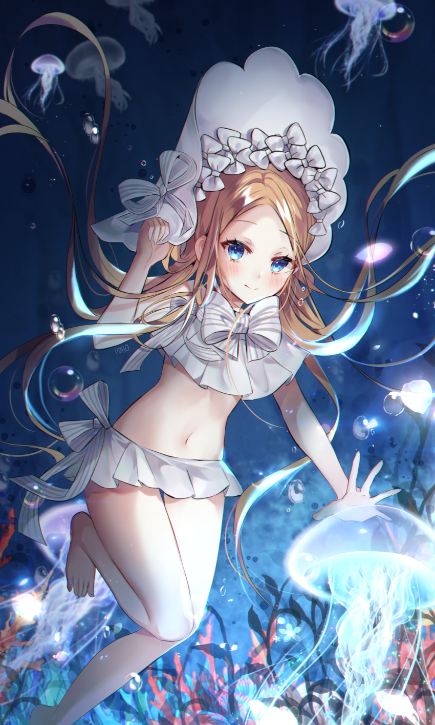 1girl abigail_williams_(fate/grand_order) abigail_williams_(swimsuit) absurdres air_bubble bangs bare_shoulders bikini blonde_hair blue_eyes blush bonnet bow breasts bubble closed_mouth fate/grand_order fate_(series) forehead hair_bow hair_rings highres jellyfish legs long_hair looking_at_viewer miniskirt navel parted_bangs poho sidelocks skirt small_breasts smile swimming swimsuit twintails underwater very_long_hair white_bikini white_bow white_headwear