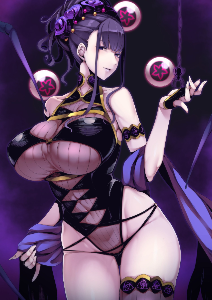 1girl armlet bangs bare_shoulders black_gloves black_legwear black_swimsuit blush breasts bug covered_navel eyeball fate/grand_order fate_(series) fingerless_gloves flower gloves hair_flower hair_ornament hair_up half_gloves highleg highleg_swimsuit highres large_breasts long_hair looking_at_viewer murasaki_shikibu_(fate) murasaki_shikibu_(swimsuit_rider)_(fate) nakamura_regura one-piece_swimsuit purple_hair shawl single_thighhigh smile spider spider_legs swimsuit thigh-highs thighs tied_hair violet_eyes