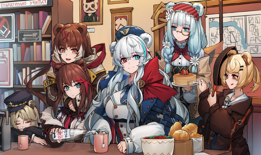 6+girls :d :q absinthe_(arknights) absurdres alternate_costume animal_ears arknights bear_ears blonde_hair blue_eyes blue_hair blue_headwear blue_neckwear bookshelf bottle braid bread breasts brown_hair brown_jacket closed_eyes commentary cup diagonal_stripes food fruit frying_pan grey_hair gummy_(arknights) hair_ornament hairband hat heterochromia highres holding holding_bottle holding_frying_pan holding_plate iku!_iku!! indoors istina_(arknights) jacket leta_(arknights) long_sleeves looking_at_another medium_breasts monocle mug multicolored_hair multiple_girls neckerchief necktie open_mouth pancake peaked_cap picture_frame plate red_eyes red_hairband red_neckwear redhead rosa_(arknights) smile strawberry streaked_hair striped tongue tongue_out twin_braids upper_body white_hair x_hair_ornament zima_(arknights)