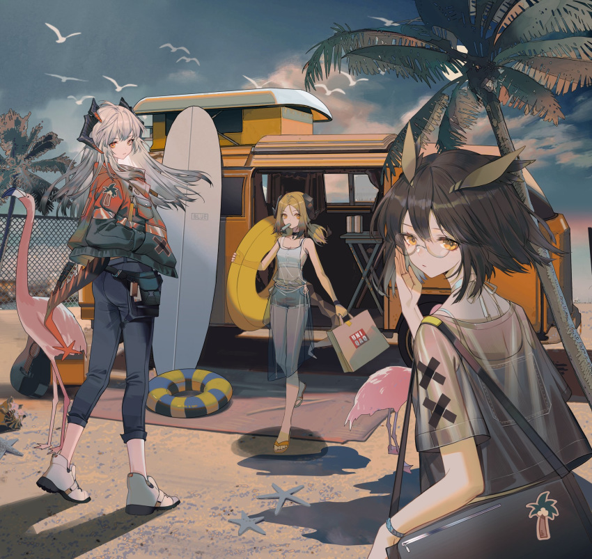 arknights bag beach beach_mat bird blonde_hair brown_hair denim denim_shorts eating feather_hair feathers flamingo food guitar hands_in_pockets highres horns ifrit_(arknights) innertube instrument jacket long_hair low_twintails orange_eyes palm_tree pants popsicle saria_(arknights) seashell shadow shell shoes short_hair shorts silence_(arknights) slippers starfish surfboard tail tree twintails vehicle white_hair yellow_eyes youamo