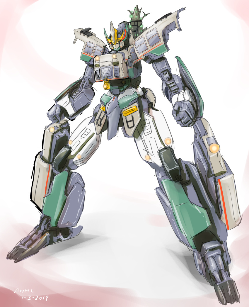 anmc clenched_hands crossover e5_hayabusa_mkii fusion highres kemurikusa mecha mechanization no_humans shinkansen_henkei_robo_shinkalion solo standing white_background yellow_eyes