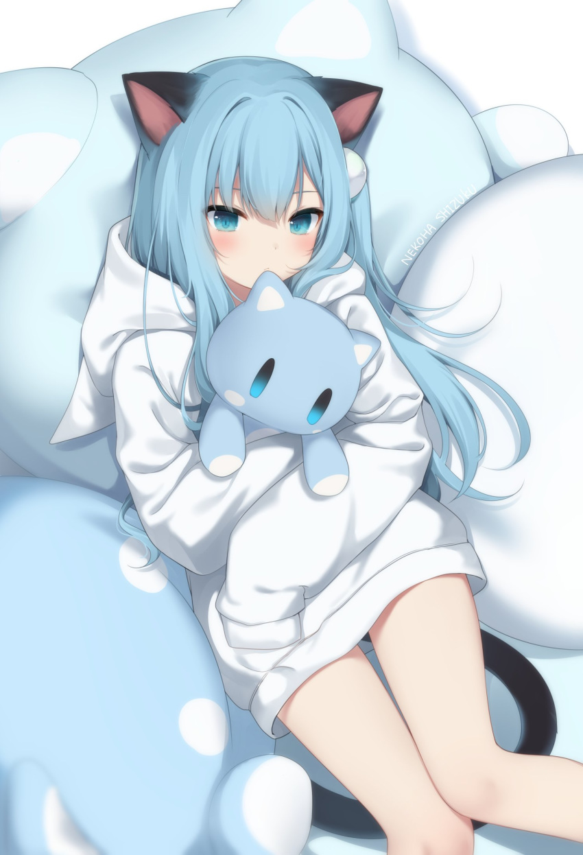 1girl amashiro_natsuki animal_ears animal_hood bangs blue_eyes blue_hair blush cat_ears cat_girl cat_hood cat_tail character_name closed_mouth commentary eyebrows_visible_through_hair fake_animal_ears feet_out_of_frame hair_between_eyes highres hood hood_down hoodie long_hair long_sleeves looking_at_viewer lying nekoha_shizuku object_hug on_back original sleeves_past_fingers sleeves_past_wrists solo stuffed_animal stuffed_cat stuffed_toy tail white_hoodie