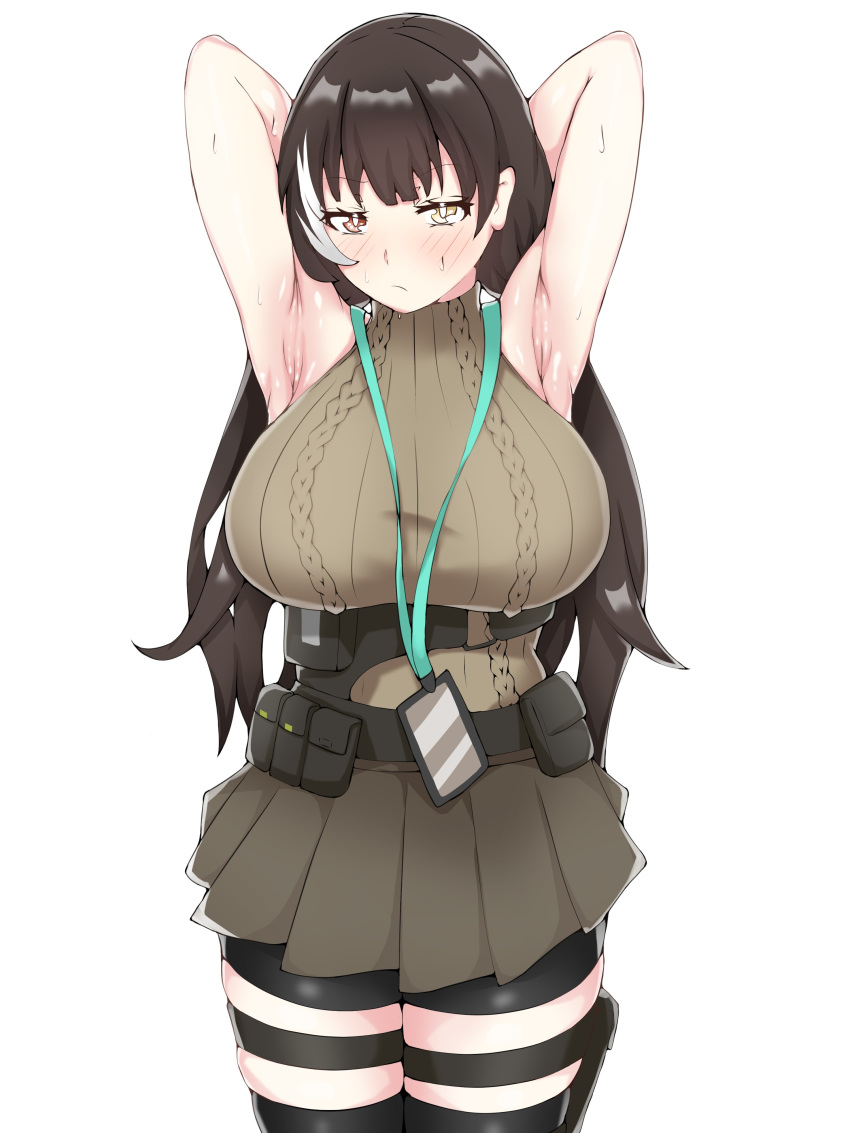 1girl absurdres armpits arms_behind_back belt bike_shorts blush breasts brown_hair feet_out_of_frame frown girls_frontline heterochromia highres id_card large_breasts long_hair mod3_(girls_frontline) multicolored_hair physisyoon pouch red_eyes ro635_(girls_frontline) simple_background skirt solo streaked_hair sweat sweater_vest thigh_strap thighs white_background white_hair yellow_eyes