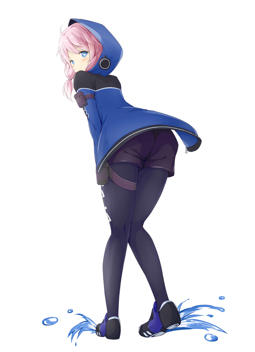 1girl absurdres ahoge arknights arm_pouch arm_strap ass bangs belt belt_pouch bent_over black_footwear black_legwear black_shorts blue_eyes blue_jacket blue_poison_(arknights) blush closed_mouth commentary eyebrows_visible_through_hair from_behind highres hood hooded_jacket jacket kusunoki_(gwzx5574) leaning_forward looking_at_viewer looking_back medium_hair pantyhose parted_bangs pink_hair pouch shoes short_shorts shorts simple_background smile solo splashing standing twintails white_background
