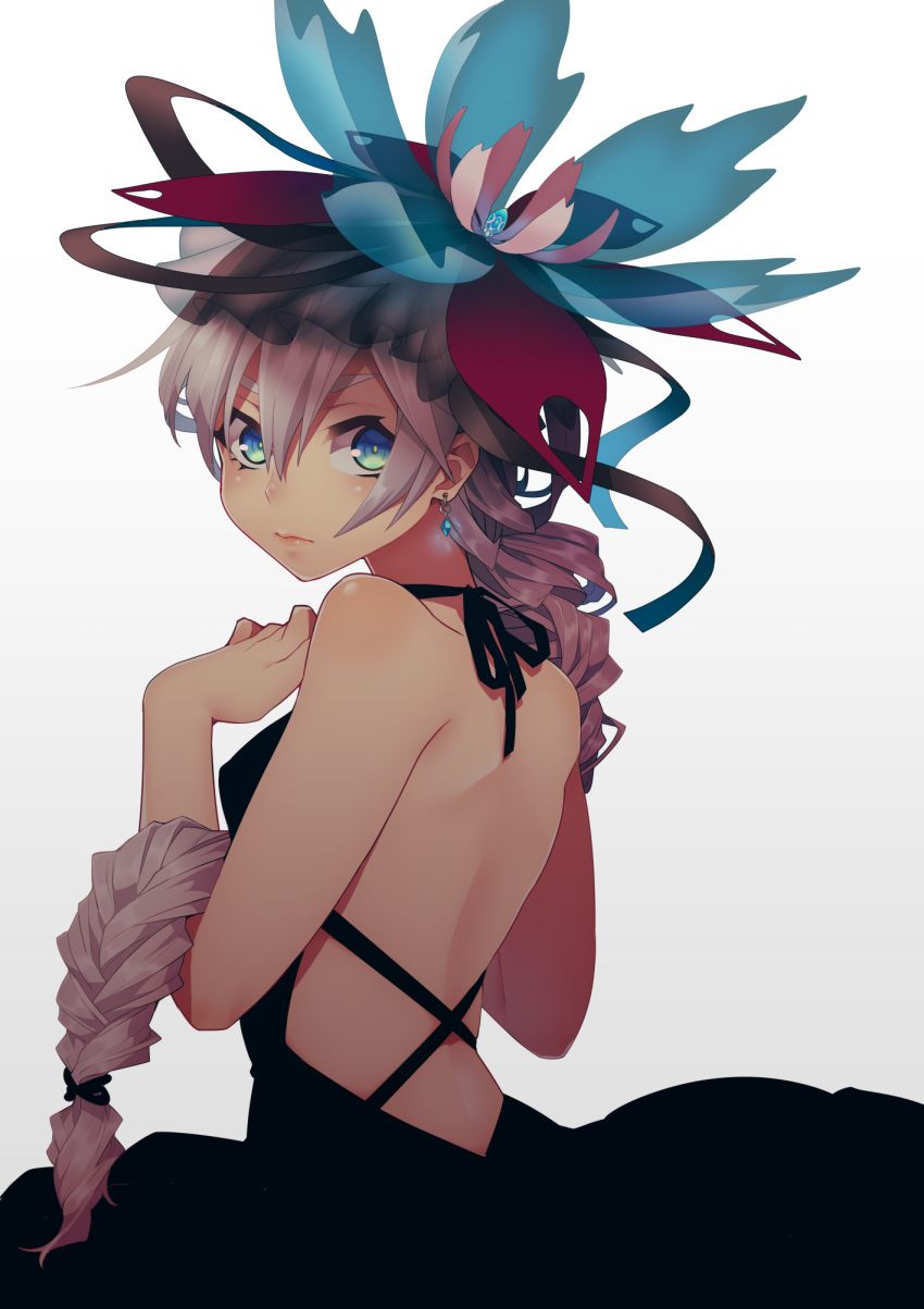 1girl aqua_eyes back backless_dress backless_outfit bare_arms bare_shoulders black_dress braid bright_pupils closed_mouth dress earrings gradient gradient_background hair_between_eyes hair_ornament highres jewelry long_hair looking_at_viewer looking_back matsuda_toki original pink_hair serious single_braid solo symbol_commentary upper_body very_long_hair