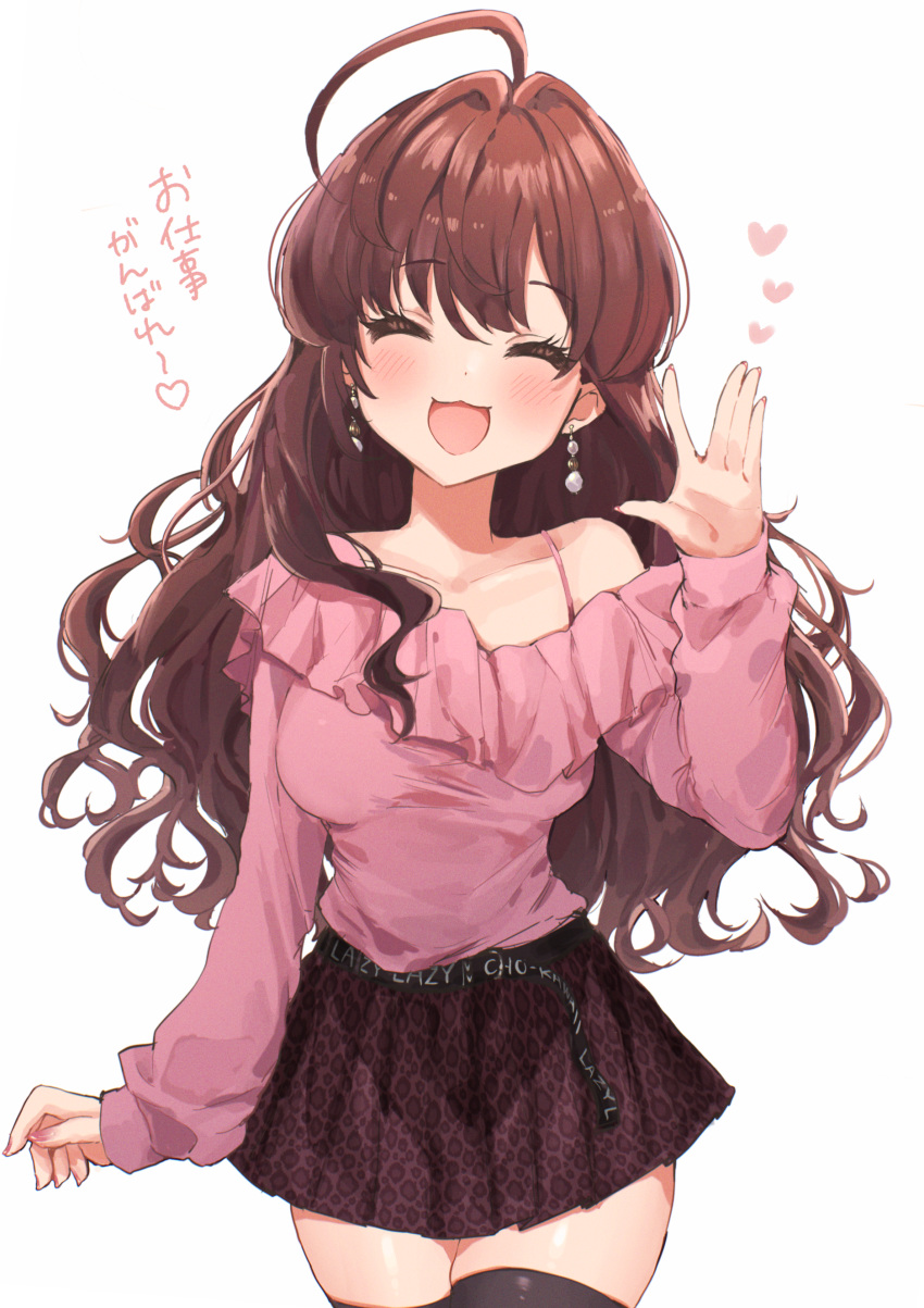 1girl :3 absurdres ahoge animal_print artist_request bare_shoulders belt brown_hair closed_eyes commentary_request earrings eyebrows_visible_through_hair highres ichinose_shiki idolmaster idolmaster_cinderella_girls jewelry leopard_print long_hair long_sleeves miniskirt pink_nails pink_shirt pleated_skirt print_skirt shirt skindentation skirt solo thigh-highs translation_request wavy_hair white_background zettai_ryouiki