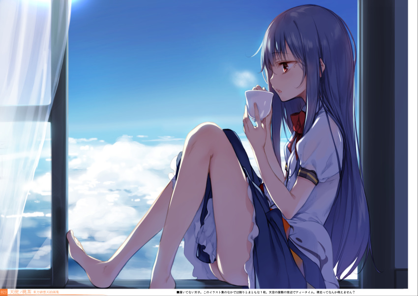 1girl absurdres barefoot blouse blue_hair blush bow bowtie clouds cup curtains day dress_shirt highres hinanawi_tenshi holding ke-ta long_hair long_legs no_hat no_headwear non-web_source open_mouth puffy_short_sleeves puffy_sleeves rainbow_order red_bow red_eyes shirt short_sleeves sitting skirt sky solo teacup touhou translation_request white_blouse window