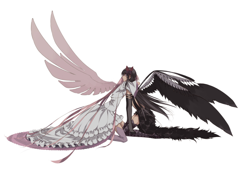 2girls absurdres akemi_homura akuma_homura black_gloves black_hair bow choker dress elbow_gloves feathered_wings gloves goddess_madoka hair_bow hair_ribbon highres hug kaname_madoka long_hair magical_girl mahou_shoujo_madoka_magica misteor multiple_girls pink_hair ribbon thigh-highs two_side_up very_long_hair violet_eyes white_dress wings