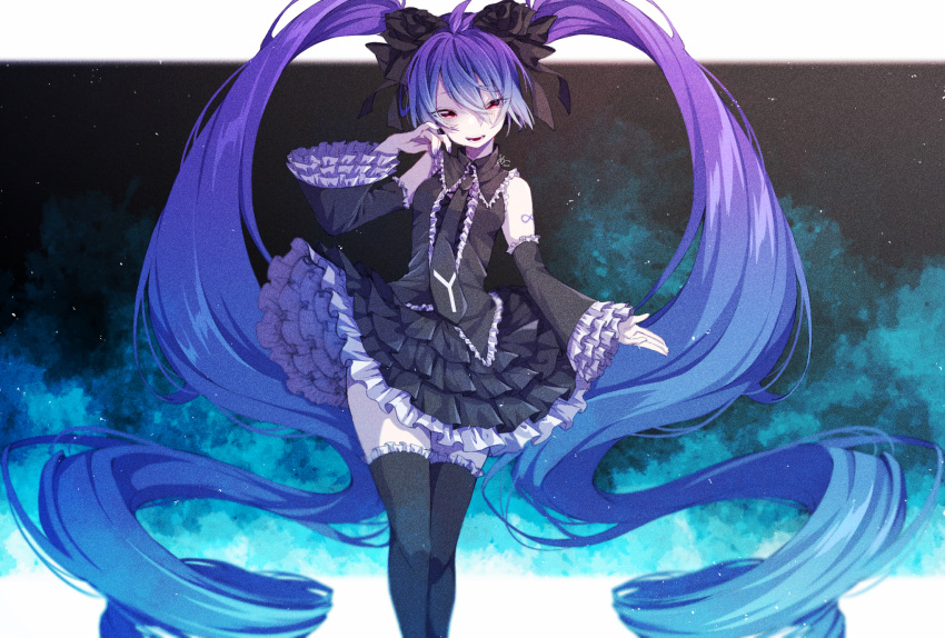 1girl :d absurdly_long_hair bangs black_legwear black_shirt black_skirt black_sleeves blue_hair blush collared_shirt detached_sleeves dress_shirt floating_hair frilled_legwear frilled_shirt frills gothic_lolita gradient_hair hair_between_eyes hair_ornament hatsune_miku highres layered_skirt layered_sleeves lolita_fashion long_hair long_sleeves miniskirt multicolored_hair nuko_0108 open_mouth pleated_skirt purple_hair red_eyes shiny shiny_hair shirt skirt sleeveless sleeveless_shirt smile solo standing thigh-highs very_long_hair vocaloid wing_collar zettai_ryouiki