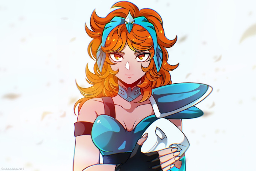 1girl aquila_marin breastplate choker facing_viewer female fingerless_gloves holding_mask kei_(siratori1986) looking_at_viewer mask medium_hair orange_hair red_eyes red_hair saint_seiya saint_seiya_saintia_sho serious shoulder_pads tiara