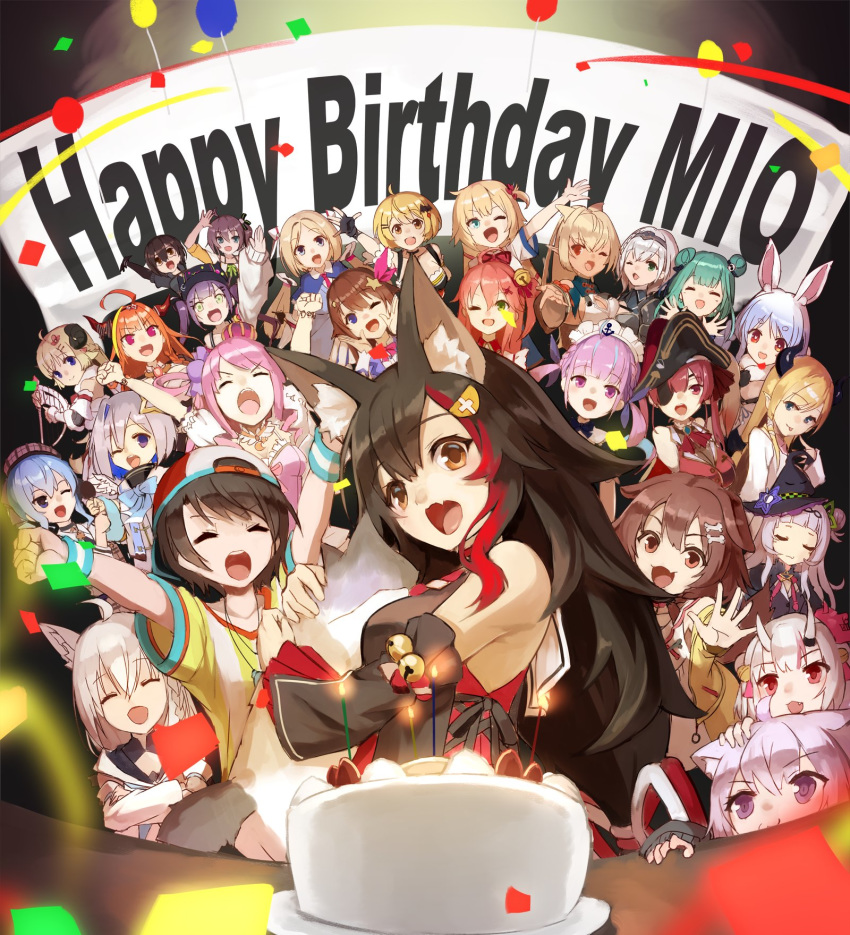 6+girls akai_haato aki_rosenthal amane_kanata cake commentary_request eyebrows_visible_through_hair food hair_between_eyes happy_birthday highres himemori_luna hololive hoshimachi_suisei houshou_marine inugami_korone kiryuu_coco looking_at_viewer minato_aqua multiple_girls murasaki_shion nakiri_ayame natsuiro_matsuri nekomata_okayu ookami_mio oozora_subaru roboco-san sakura_miko shirakami_fubuki shiranui_flare shirogane_noel sue_(bg-bros) tagme tokino_sora tokoyami_towa tsunomaki_watame uruha_rushia usada_pekora virtual_youtuber yozora_mel