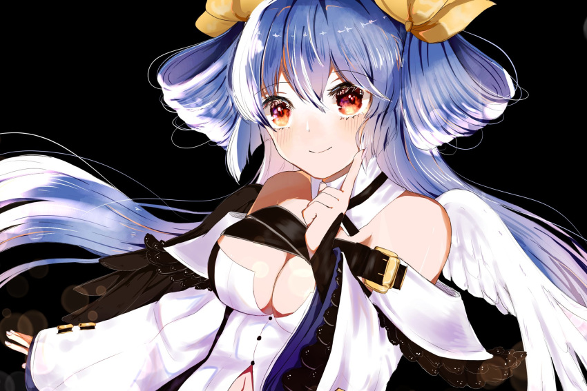 1girl asymmetrical_wings bangs belt black_background blue_hair blush breasts choker detached_sleeves dizzy_(guilty_gear) eyebrows_visible_through_hair guilty_gear guilty_gear_xrd hair_between_eyes hair_ribbon hair_rings hand_on_own_face highres large_breasts lutz_compass monster_girl navel red_eyes ribbon simple_background smile solo twintails upper_body wings yellow_ribbon