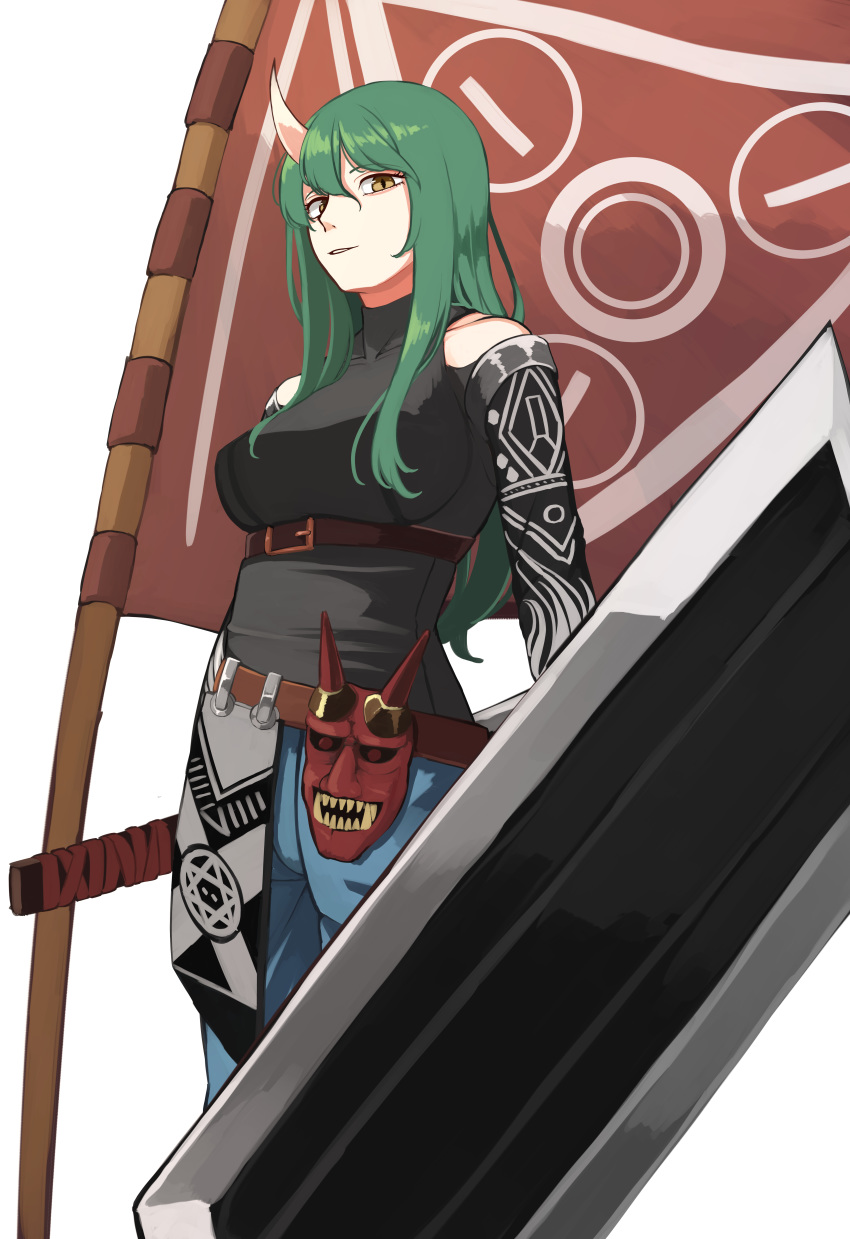 1girl absurdres arknights banner black_shirt blue_pants breasts closed_mouth commentary cowboy_shot flag green_hair highres horns hoshiguma_(arknights) huge_filesize light_smile long_hair looking_at_viewer medium_breasts oni_horns oni_mask ozu_(agito100001) pants shield shirt simple_background smile solo straight_hair turtleneck white_background yellow_eyes