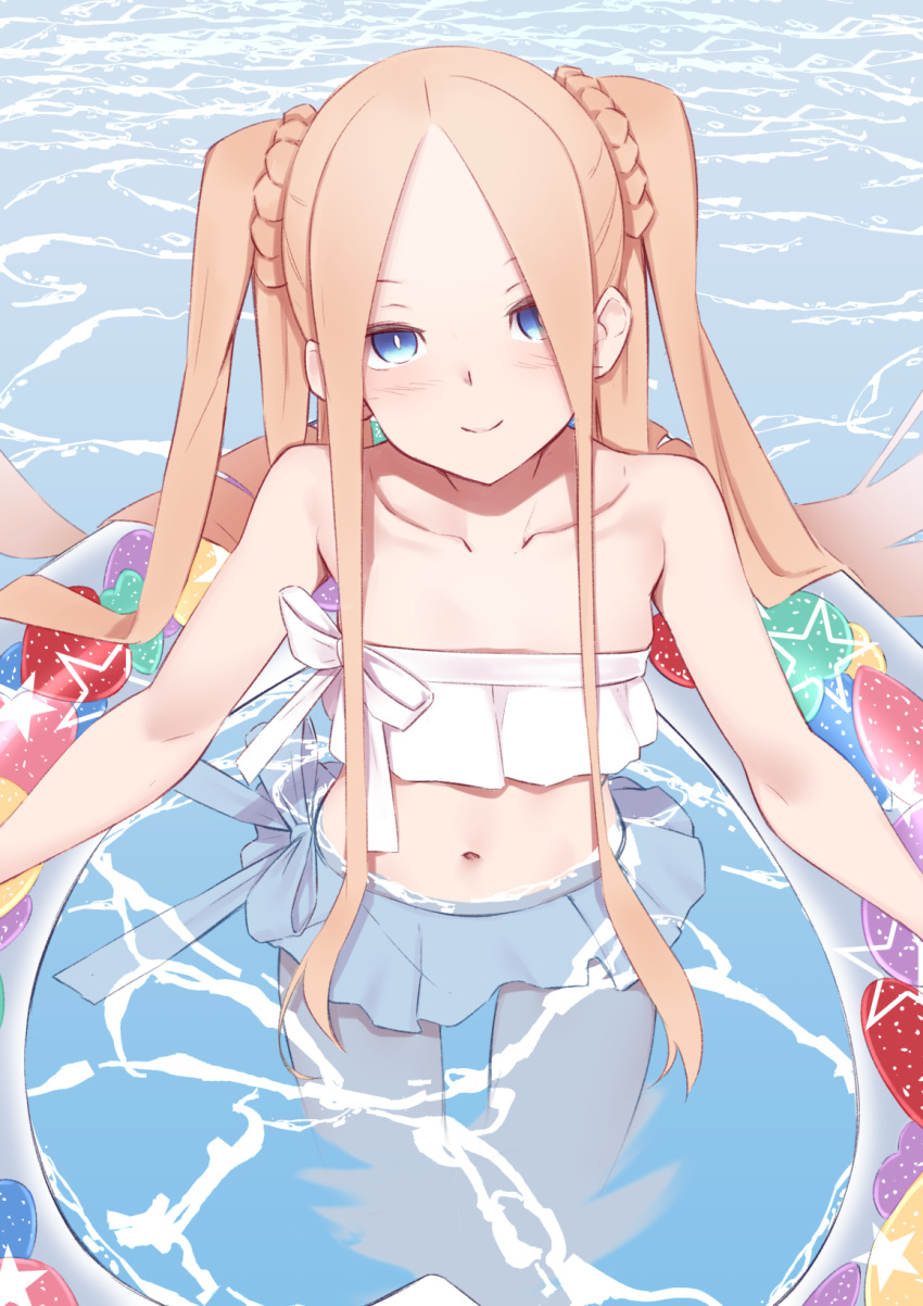 1girl abigail_williams_(fate/grand_order) abigail_williams_(swimsuit) bangs bare_arms bare_shoulders bikini bikini_skirt blonde_hair blue_eyes blush bonnet bow braid breasts closed_mouth collarbone commentary_request fate/grand_order fate_(series) flat_chest food_print from_above highres innertube jilu long_hair looking_at_viewer navel parted_bangs ribbon skindentation smile solo stomach strawberry_print swimsuit twintails wading water wet wet_hair white_bikini white_ribbon