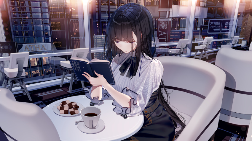 1girl atha_(leejuiping) black_hair book breasts cafe chair commentary_request cookie cup eyelashes food highres hime_cut long_hair open_book original reading saucer sitting skirt table very_long_hair violet_eyes