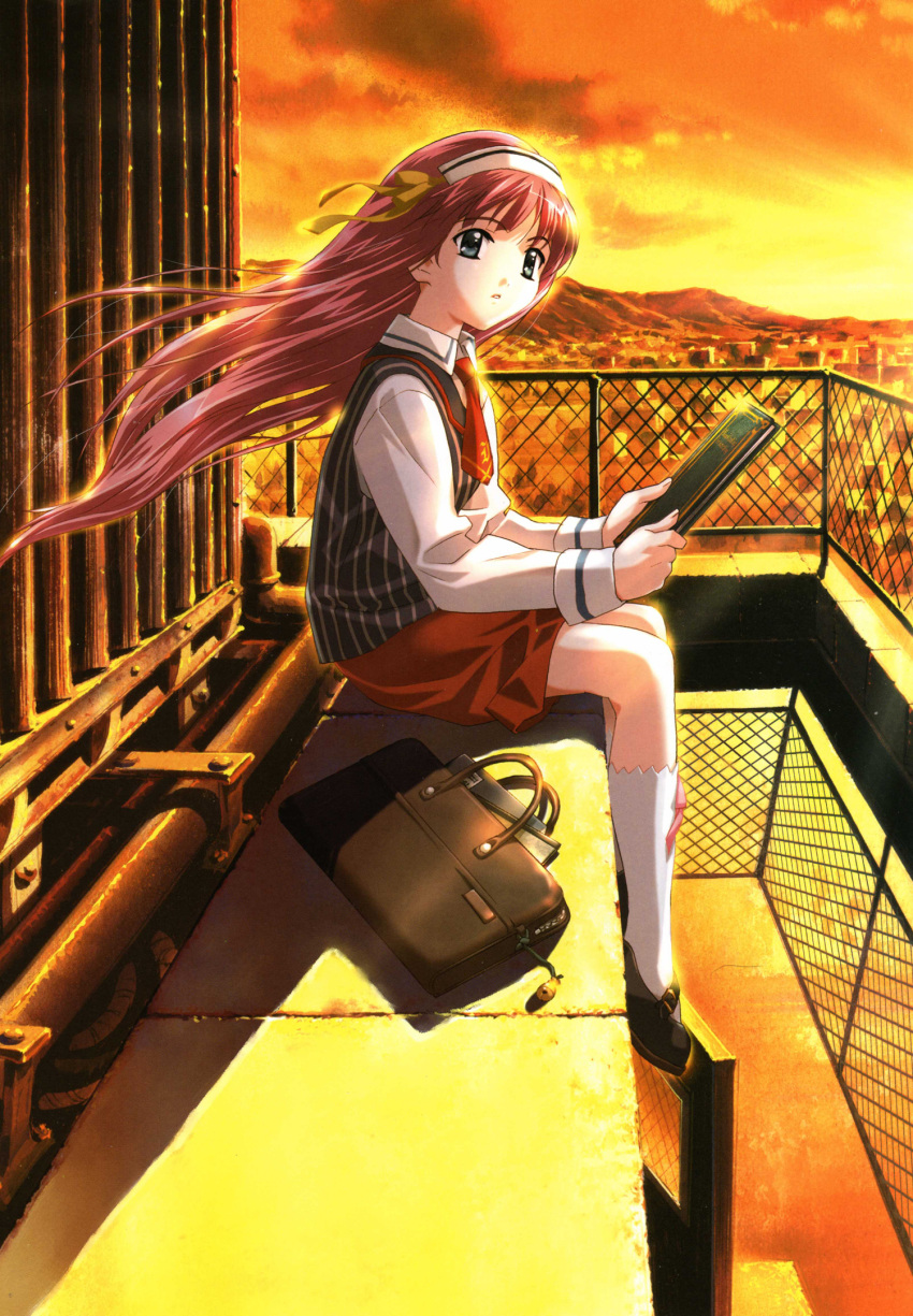 :o artbook bangs blue_eyes book chainlink_fence cityscape cloud door fence flat_chest hair_ribbon hairband happoubi_jin highres holding keychain kneehighs loafers long_hair looking_back manatsu_no_tobira mizuhara_nanami mountain necktie official_art open_mouth outdoors pink_hair pipe profile ribbon rooftop scan school_back school_uniform shoes sitting skirt sky socks solo striped sun sunset sweet_body vest white_legwear wind