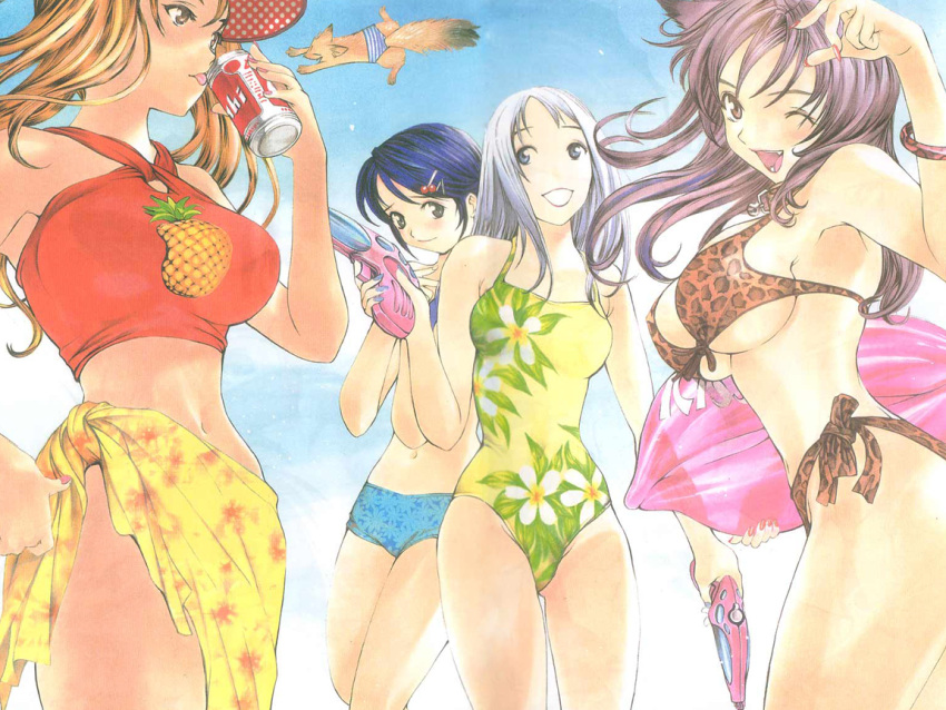 :d :p ;d animal_ears armpits ashihara_tomoe bikini blonde_hair blue_eyes blue_hair blush bracelet breast_envy breasts can casual_one-piece_swimsuit cat_ears cloud drink dual_wielding fang fingernails flat_chest floral_print food food_themed_clothes front-tie_top fruit grey_eyes hair_ornament hairclip haru_(majin_~devil~) hat hayashi_(majin_~devil~) inflatable_raft jewelry large_breasts long_fingernails long_hair majin_-devil- majin_~devil~ midriff multiple_girls nail_polish official_art oh!_great one-piece_swimsuit oogure_ito open_mouth orange_eyes orange_hair outdoors pineapple print_bikini print_swimsuit purple_eyes purple_hair sarong satomi_(majin_~devil~) see-through short_hair side-tie_bikini silver_hair sky smile sports_bikini squirrel standing swimsuit tiger_print tongue twintails under_boob underboob wallpaper water_gun watergun white_hair wink