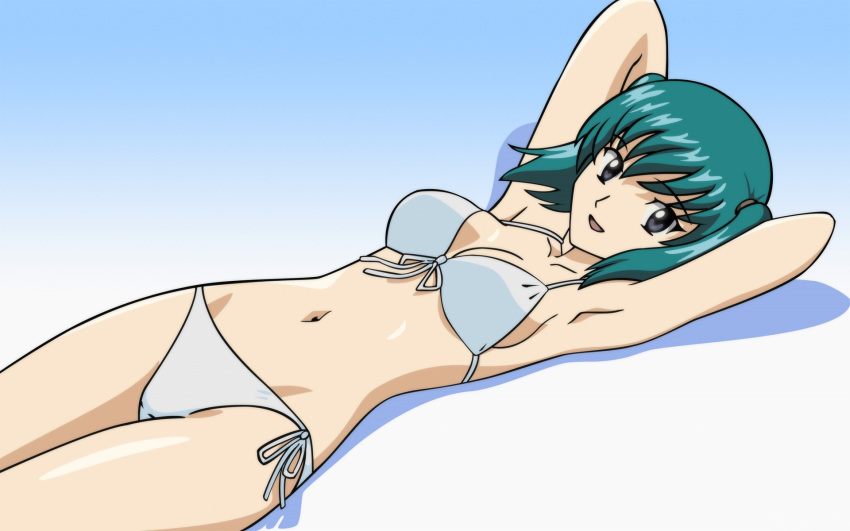 blue_eyes green_hair highres honjo_mikaze lying side-tie_bikini stratos_4 swimsuit vector_trace wallpaper