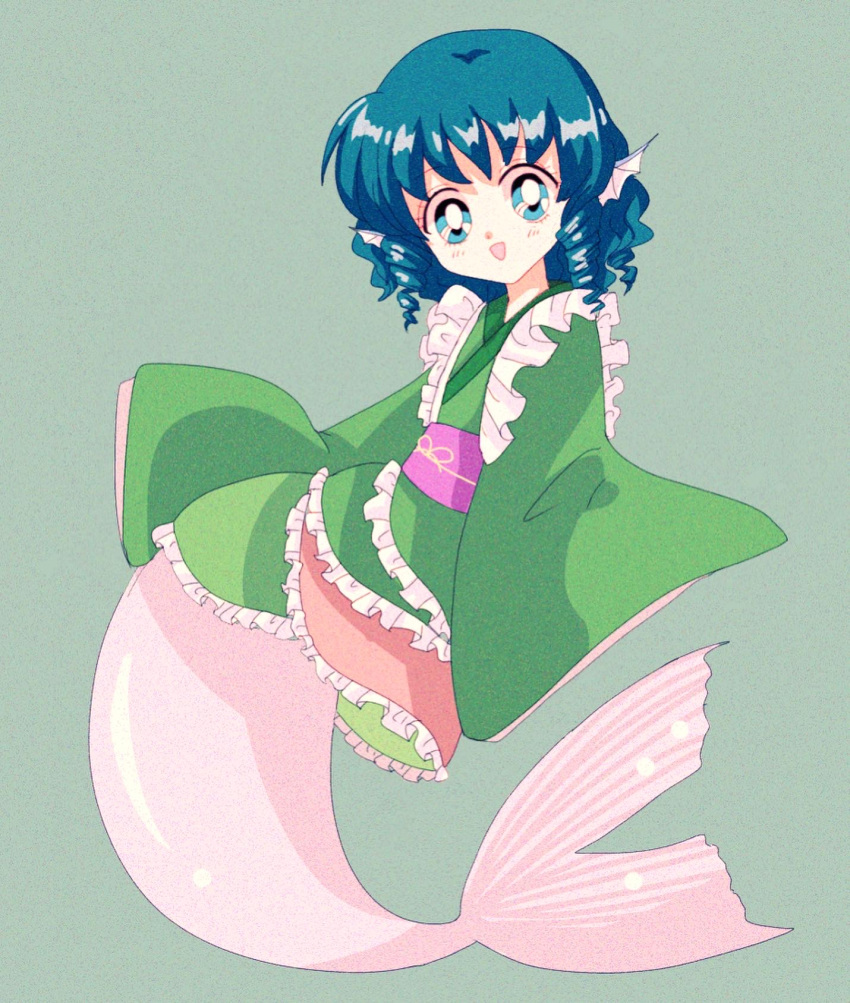 1990s_(style) 1girl animal_ears blue_eyes blue_hair dress drill_hair frilled_dress frills full_body hanadi_detazo head_fins highres japanese_clothes kimono long_sleeves looking_at_viewer mermaid monster_girl obi open_mouth sash short_hair simple_background smile solo touhou wakasagihime wide_sleeves
