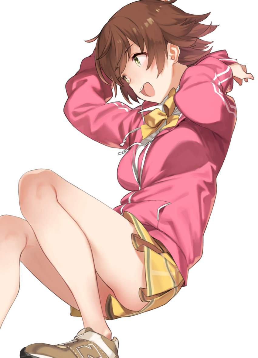 1girl 92m :d arms_up ass bangs bare_legs blush bow bowtie breasts brown_footwear brown_hair collared_shirt commentary_request eyebrows_visible_through_hair from_side green_eyes happy highres honda_mio hood hooded_jacket hooded_track_jacket idolmaster idolmaster_cinderella_girls jacket legs long_sleeves looking_to_the_side medium_breasts open_mouth pink_jacket pleated_skirt shirt shoes short_hair simple_background skirt smile sneakers solo track_jacket upper_teeth white_background white_shirt yellow_bow yellow_neckwear yellow_shirt
